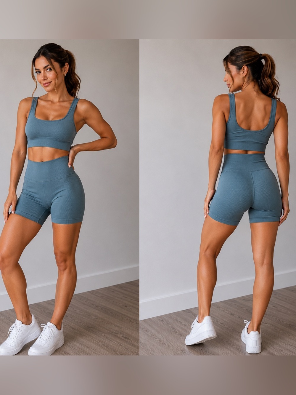 NWT OQQ Ribbed Scoop Sports Bra & High-Waist Bike Shorts Set - Slate Teal, Large
